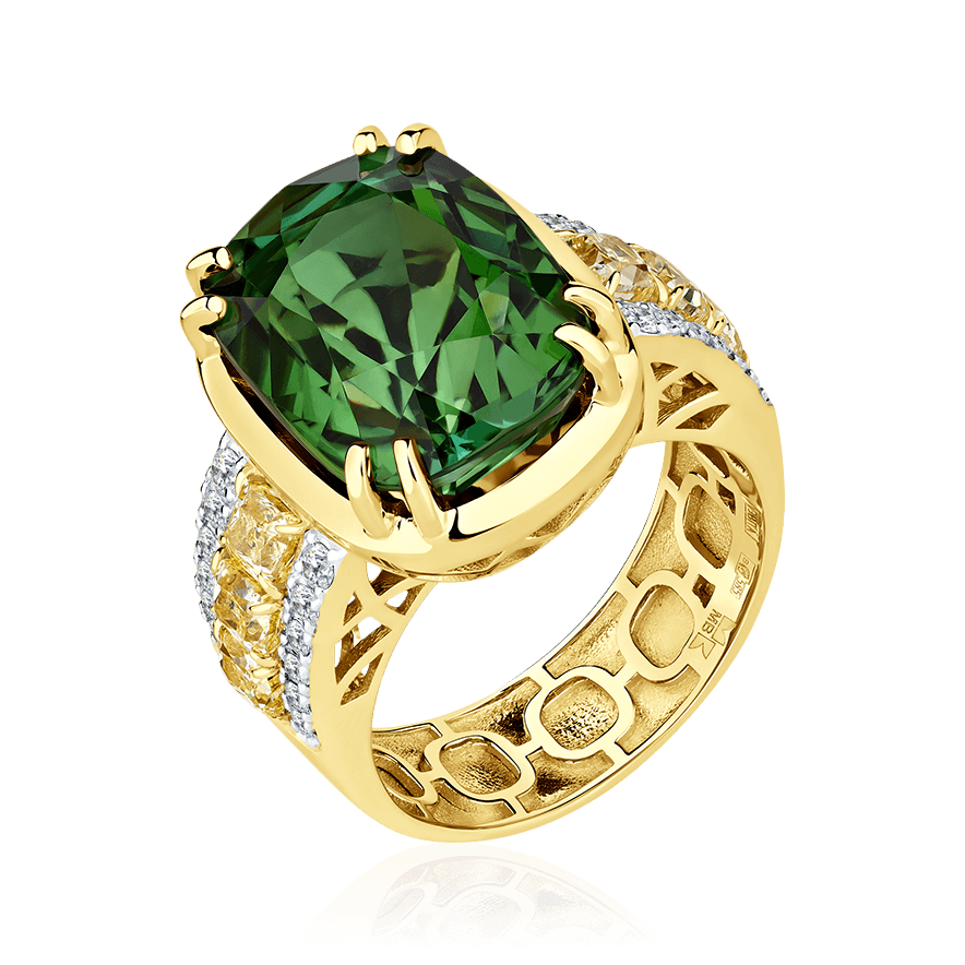 Кольцо с турмалином, бриллиантами из желтого золота 585 пробы (арт. 103254)