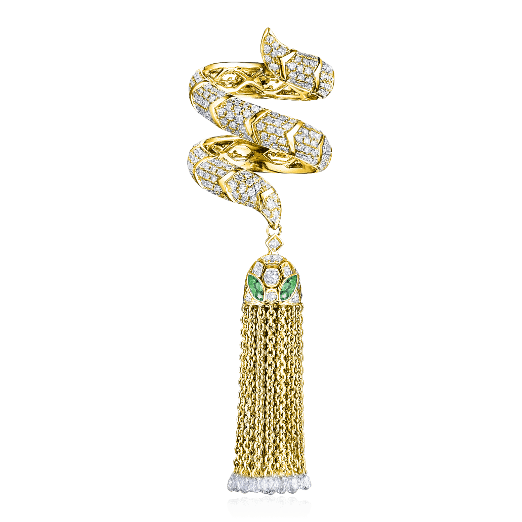 Кольцо-кисть в виде змеи с бриллиантами и изумрудом из желтого золота 750 пробы, фото № 1