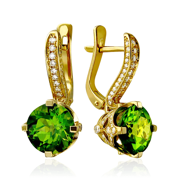 Серьги с бриллиантами, хризолитом из желтого золота 750 пробы, фото № 1
