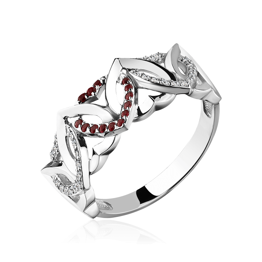 Кольцо в виде сердец с рубином, бриллиантами из белого золота 585 пробы (арт. 96067)