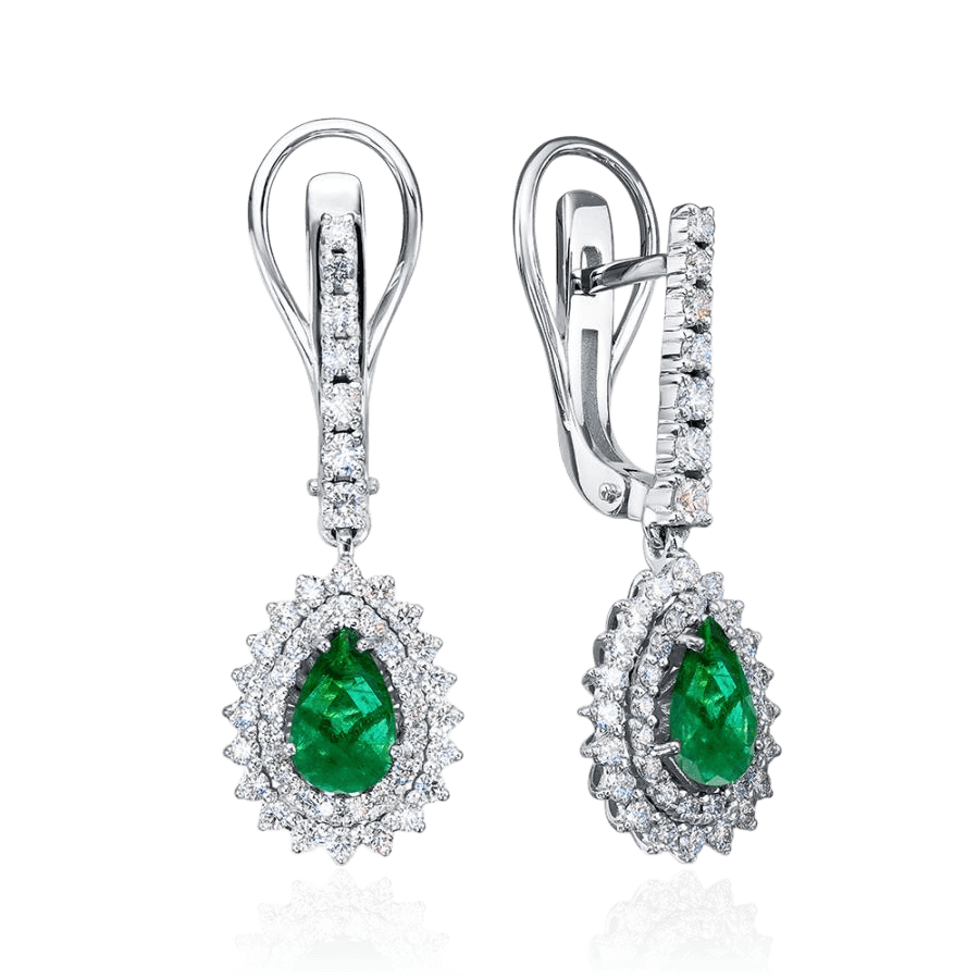 Серьги с бриллиантами, изумрудом из белого золота 585 пробы (арт. 127983)