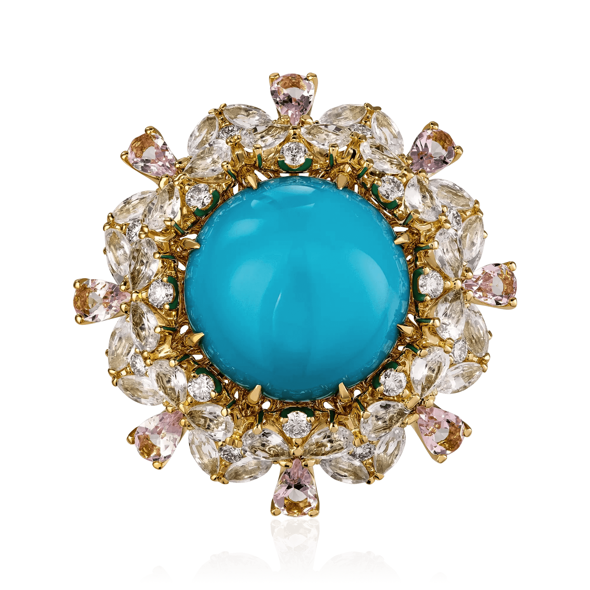 Кольцо с сапфиром, бриллиантами, бирюзой, морганитом из желтого золота 750 пробы, фото № 2