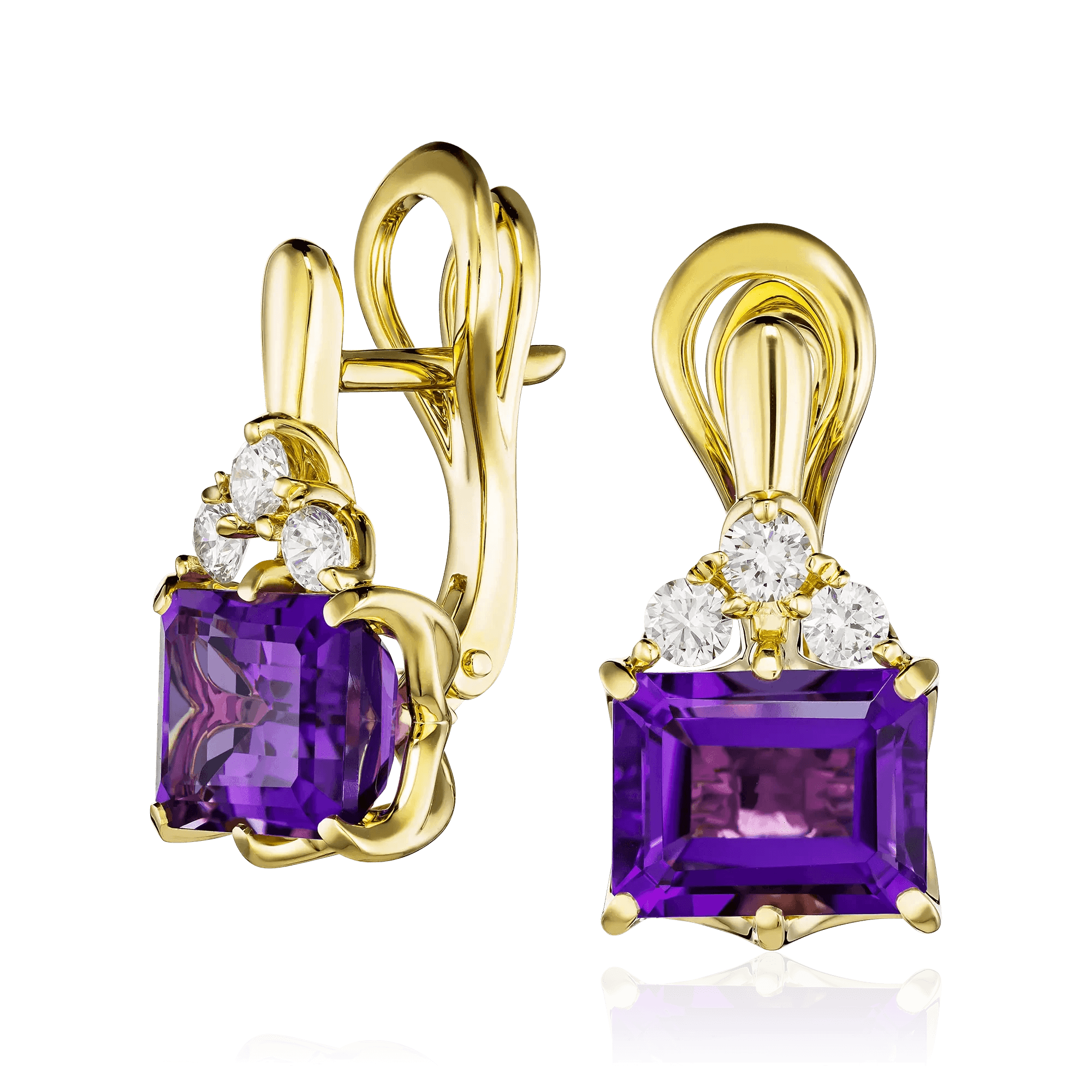 Серьги с аметистом, бриллиантами из желтого золота 750 пробы (арт. 130670)