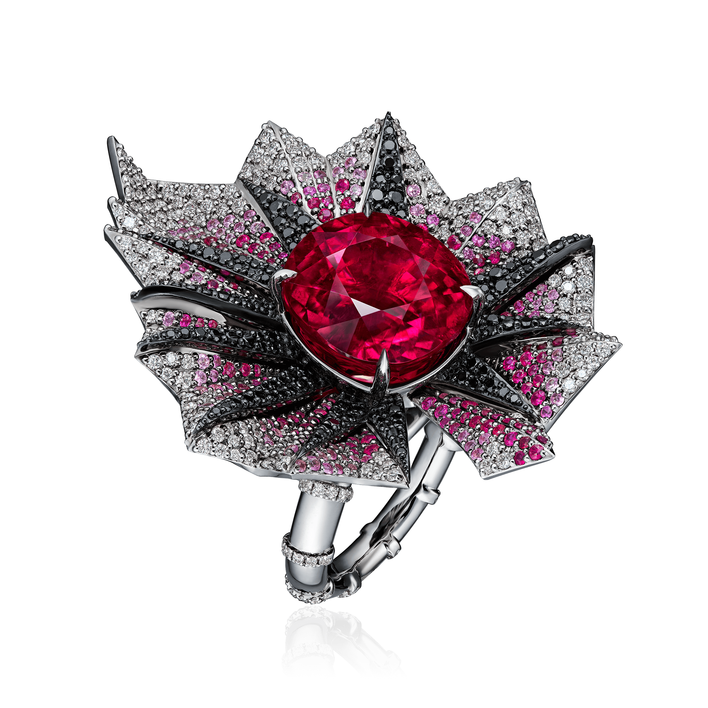 Кольцо Бегония с рубеллитом, рубинами, розовыми сапфирами, бриллиантами из белого золота 750 пробы (арт. 103830)