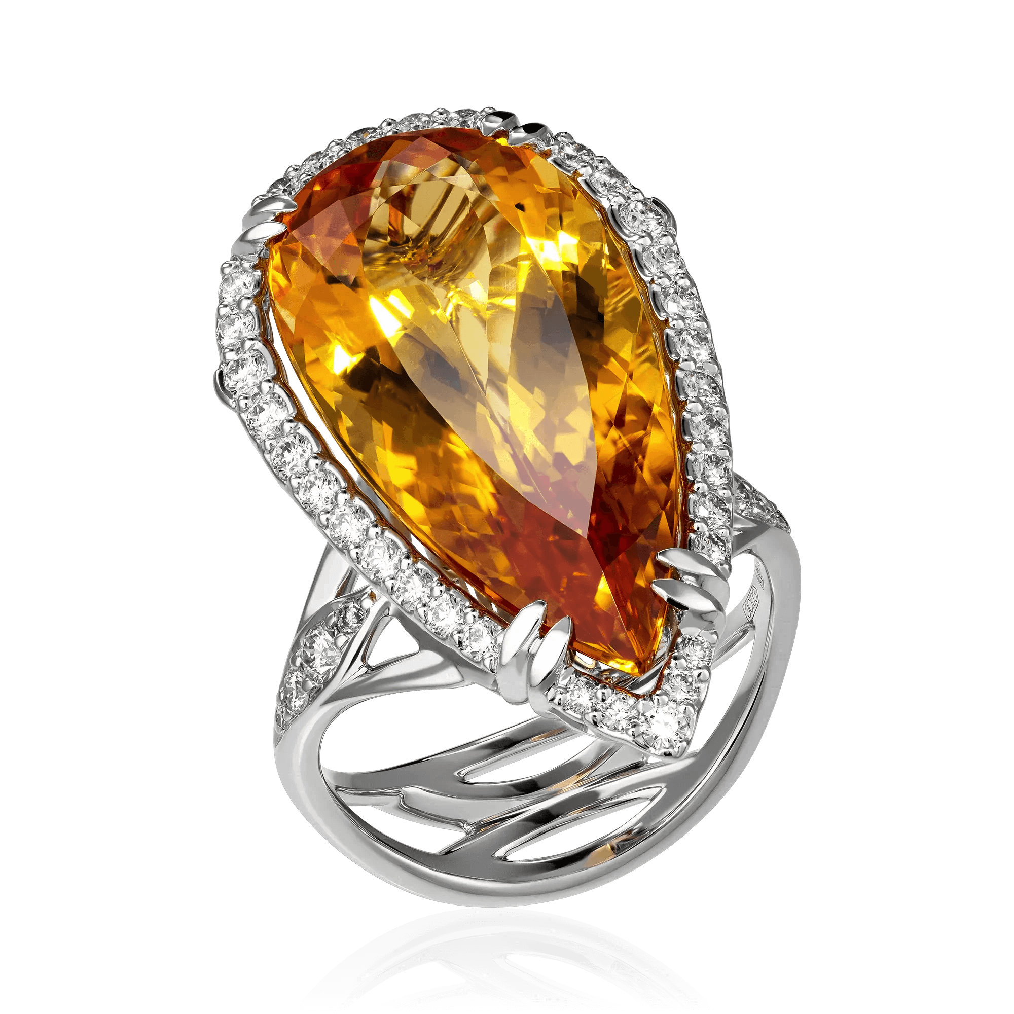 Кольцо с топазом Империал, бриллиантами из белого золота 750 пробы, фото № 1