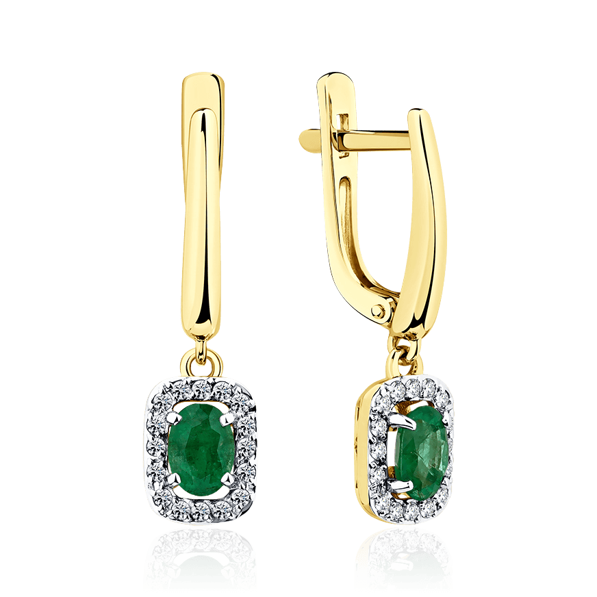 Серьги с бриллиантами, изумрудом из желтого золота 585 пробы, фото № 1