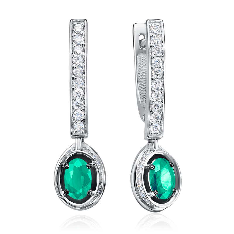 Серьги с бриллиантами, изумрудом из белого золота 585 пробы (арт. 129739)