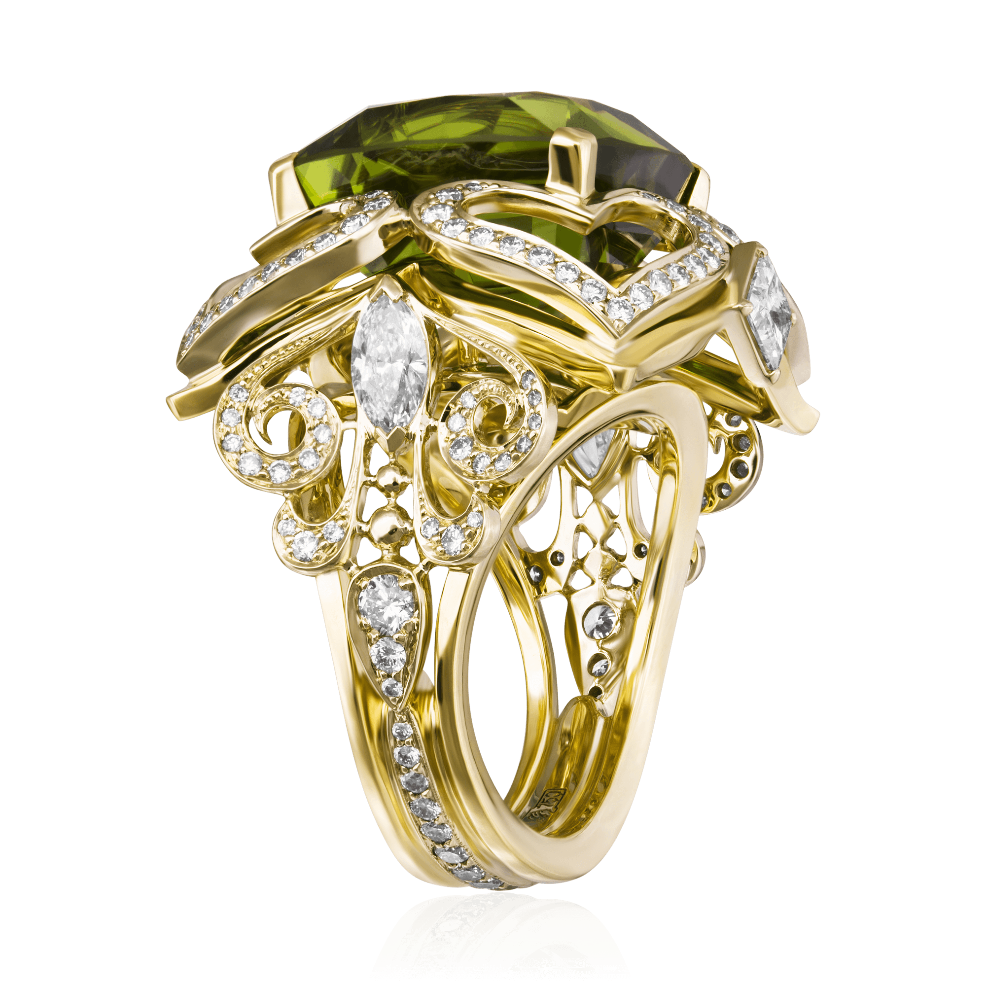 Кольцо с хризолитом, бриллиантами из комбинированного золота 750 пробы, фото № 3