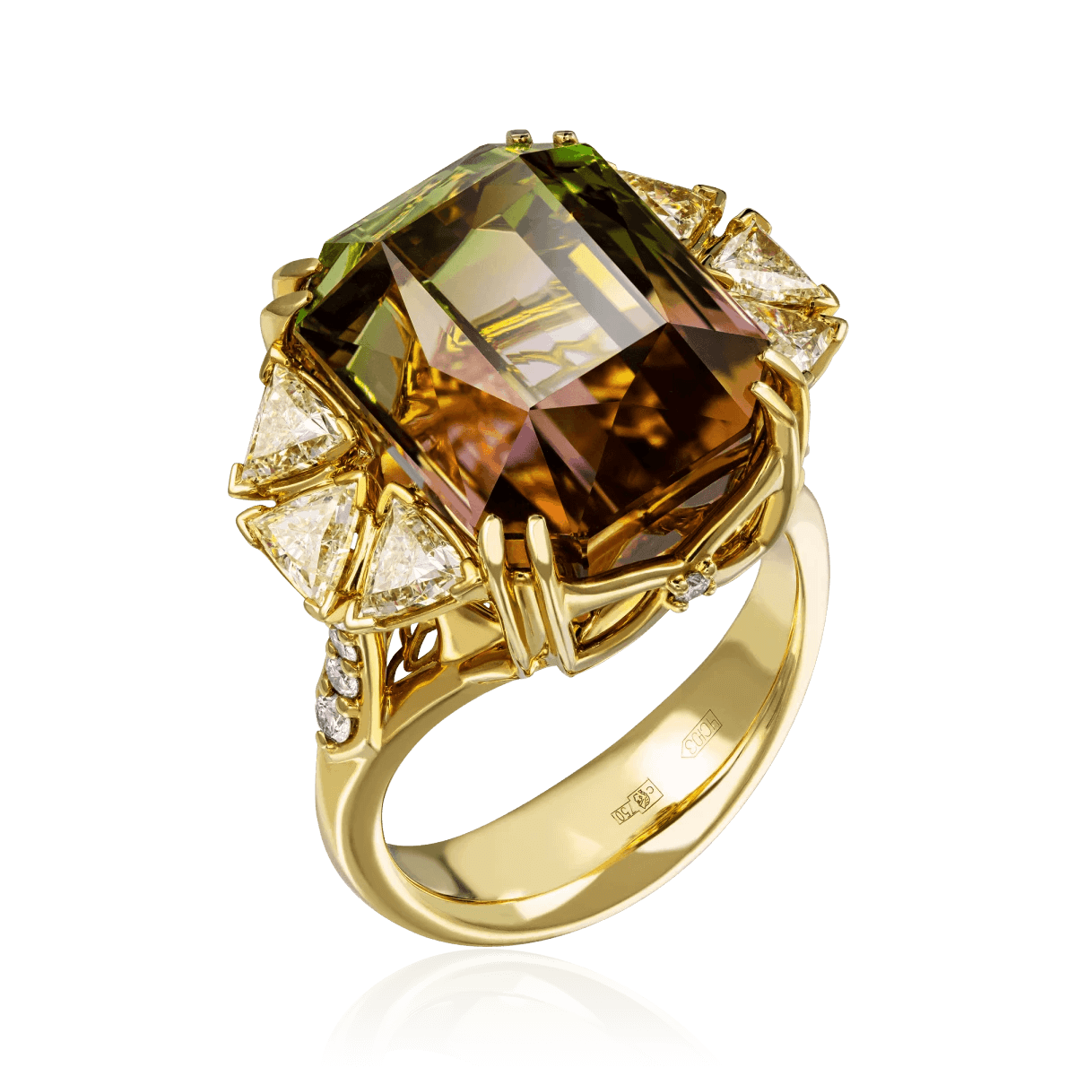 Кольцо с турмалином, бриллиантами из желтого золота 750 пробы, фото № 1