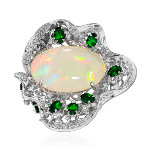 Кольцо с опалом, тсаворитом, бриллиантами из белого золота 585 пробы, фото № 2