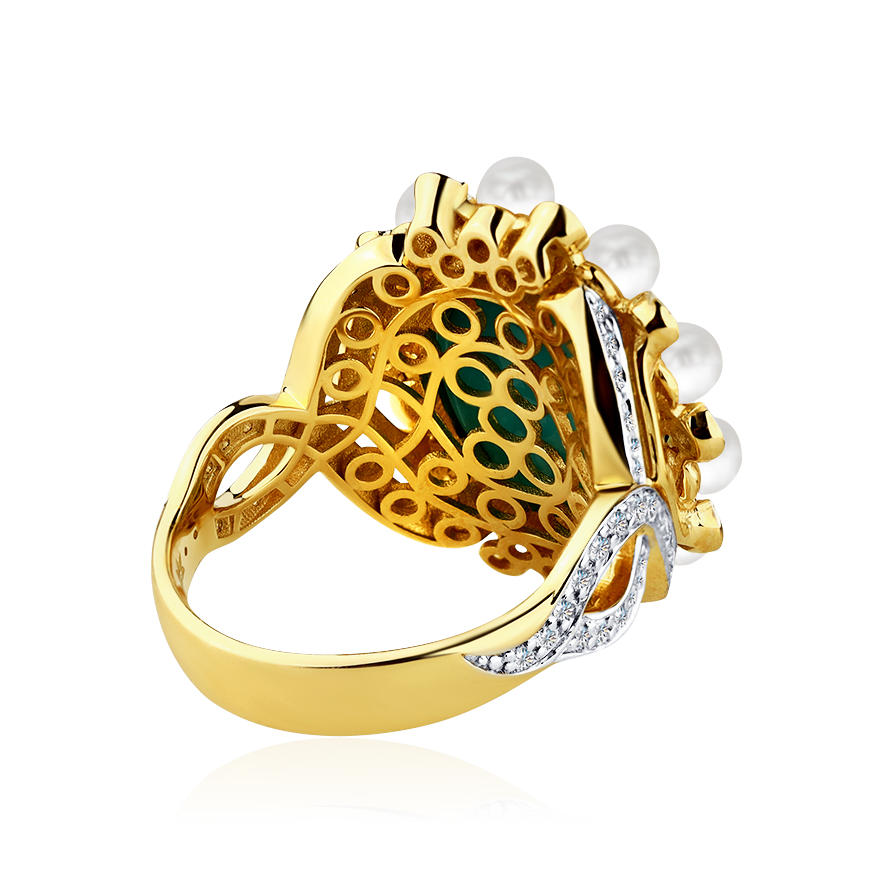 Кольцо с бирюзой, жемчугом, бриллиантами из желтого золота 585 пробы, фото № 3