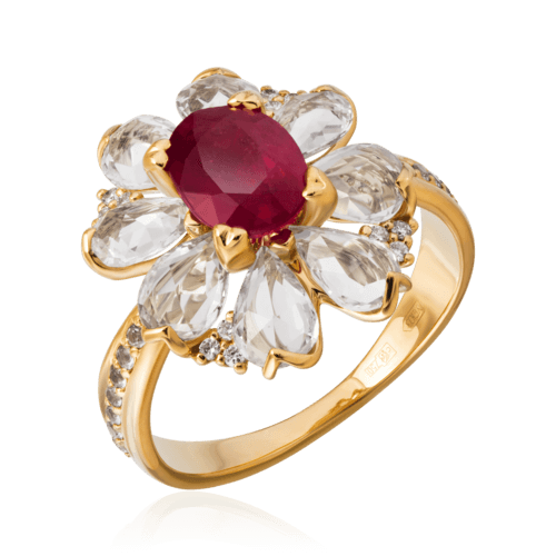 Кольцо с рубином, белыми сапфирами, бриллиантами из желтого золота 750 пробы (арт. 56468)