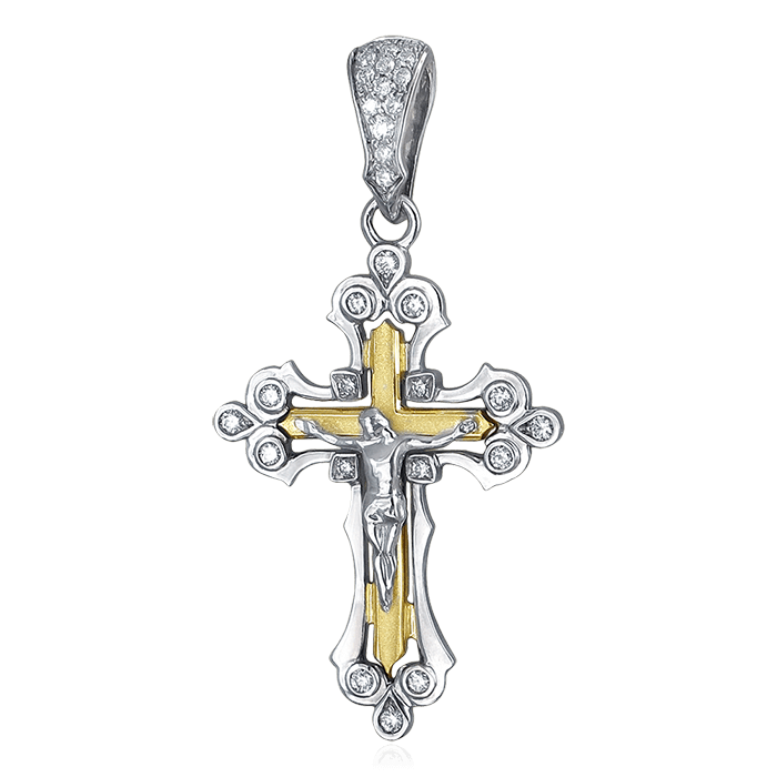 Крестик с бриллиантами из комбинированного золота 585 пробы, фото № 1