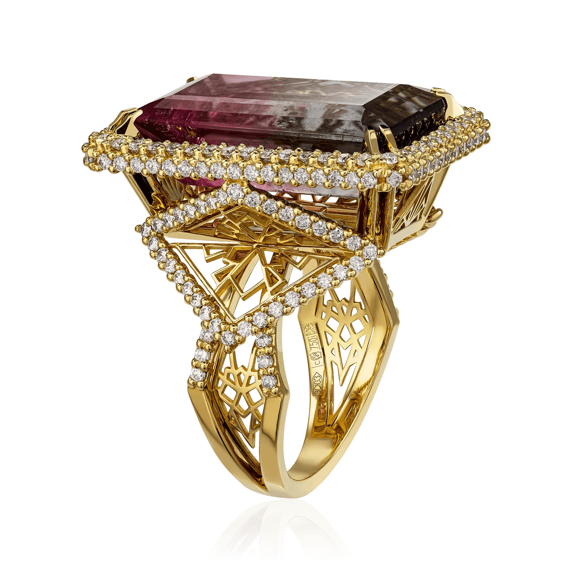 Кольцо с турмалином, бриллиантами из желтого золота 750 пробы, фото № 3