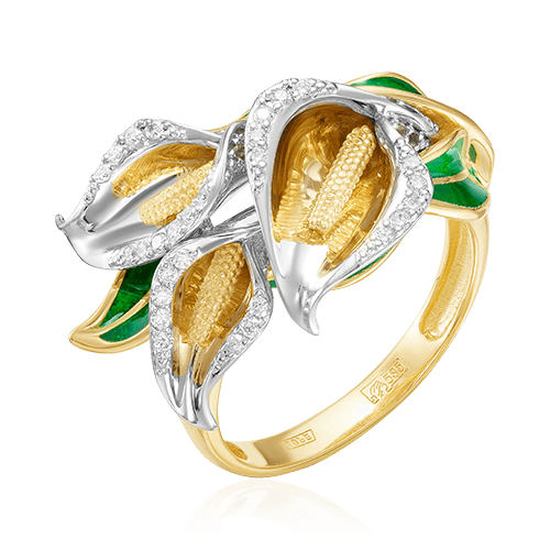 Кольцо Каллы с зелеными сапфирами, бриллиантами, эмалью из желтого золота 585 пробы, фото № 1