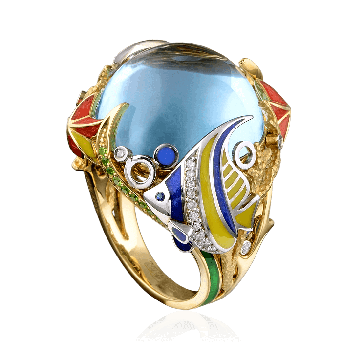 Кольцо Морское с цветными камнями, бриллиантами, эмалью в желтом золоте 750 пробы (арт. 28255)