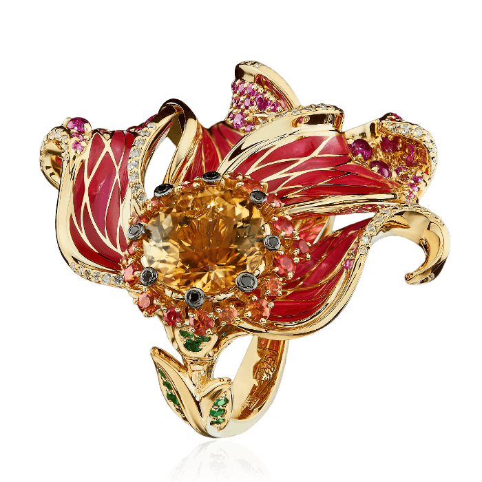 Кольцо цветок с цитрином, эмалью, бриллиантами, тсаворитом, цветными сапфирами из желтого золота 750 пробы (арт. 42240)