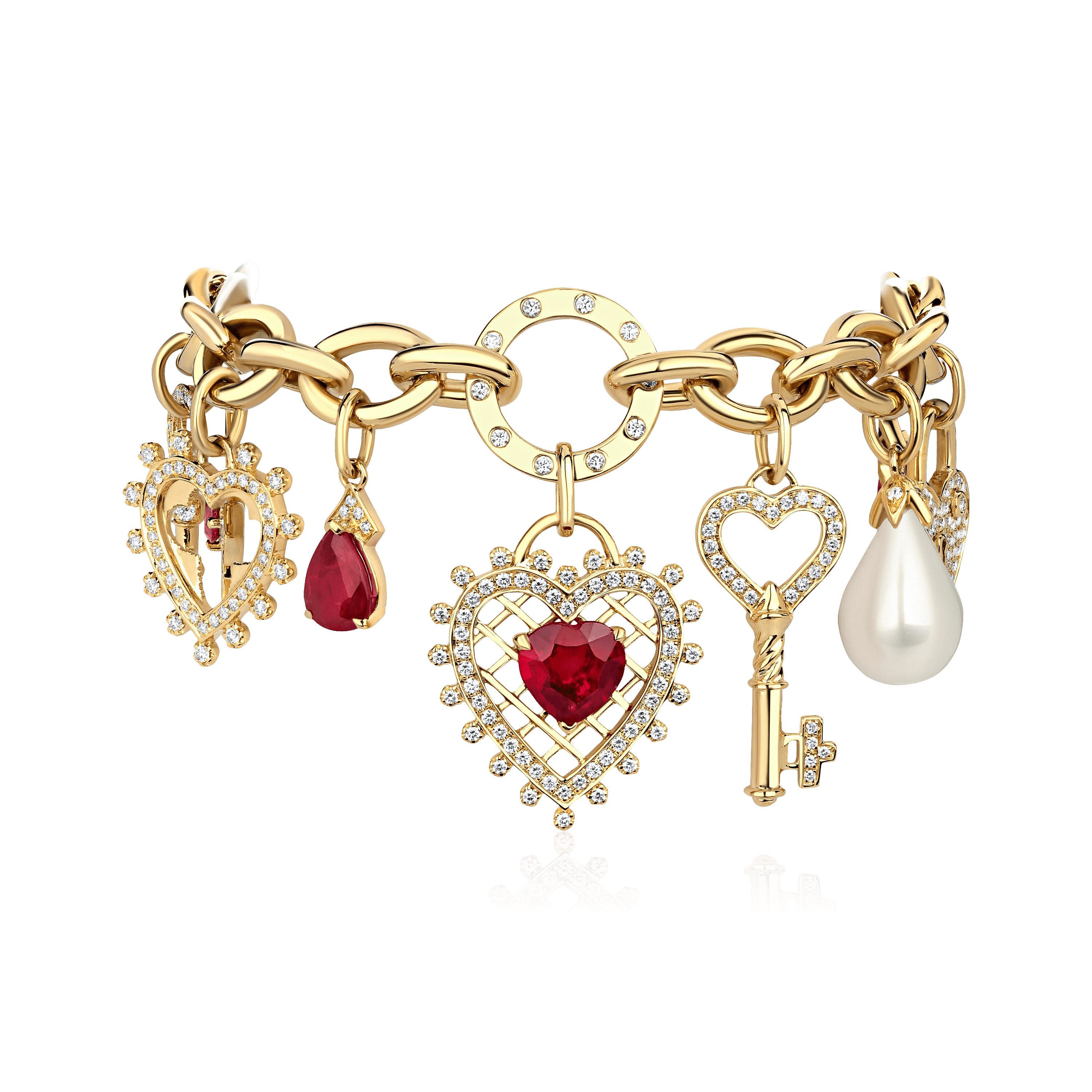 Браслет с рубином, жемчугом, бриллиантами из желтого золота 750 пробы (арт. 99236)