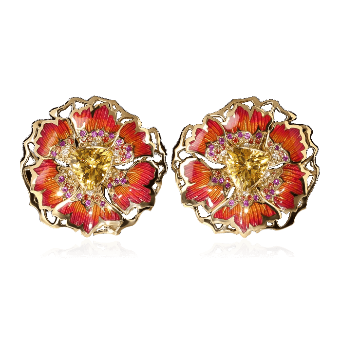 Серьги Васильки из коллекции Botanic с бериллами, цветными сапфирами, бриллиантами и эмалью в желтом золоте 750 пробы (арт. 34616)
