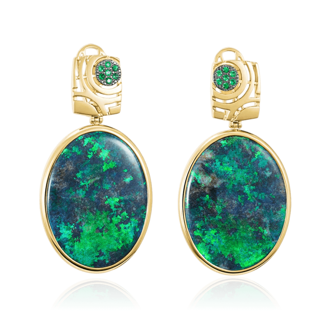 Серьги с опалом, тсаворитом из желтого золота 585 пробы (арт. 126432)