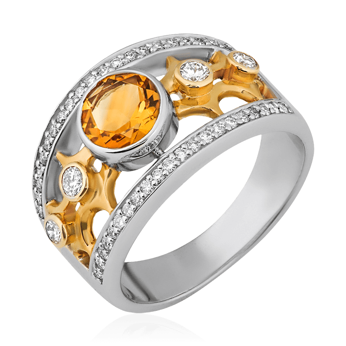 Кольцо с бриллиантами, цитрином из комбинированного золота 585 пробы, фото № 1
