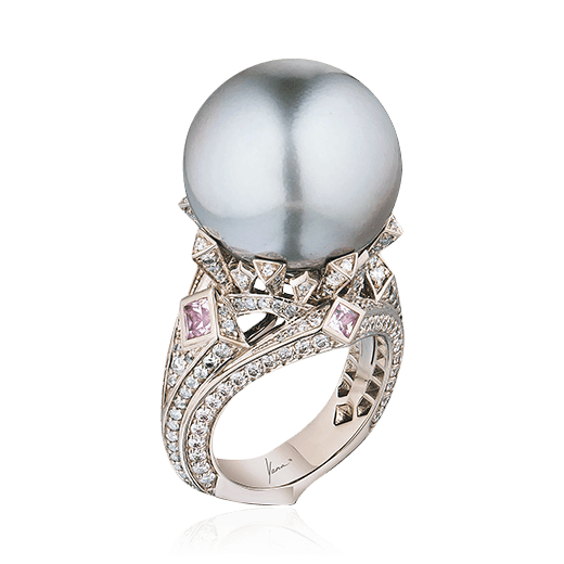 Кольцо с жемчугом, шпинелью, бриллиантами из белого золота 750 пробы, фото № 1