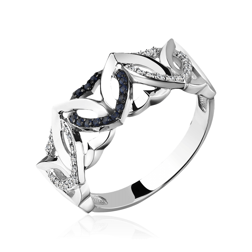 Кольцо в виде сердец с сапфиром, бриллиантами из белого золота 585 пробы, фото № 1