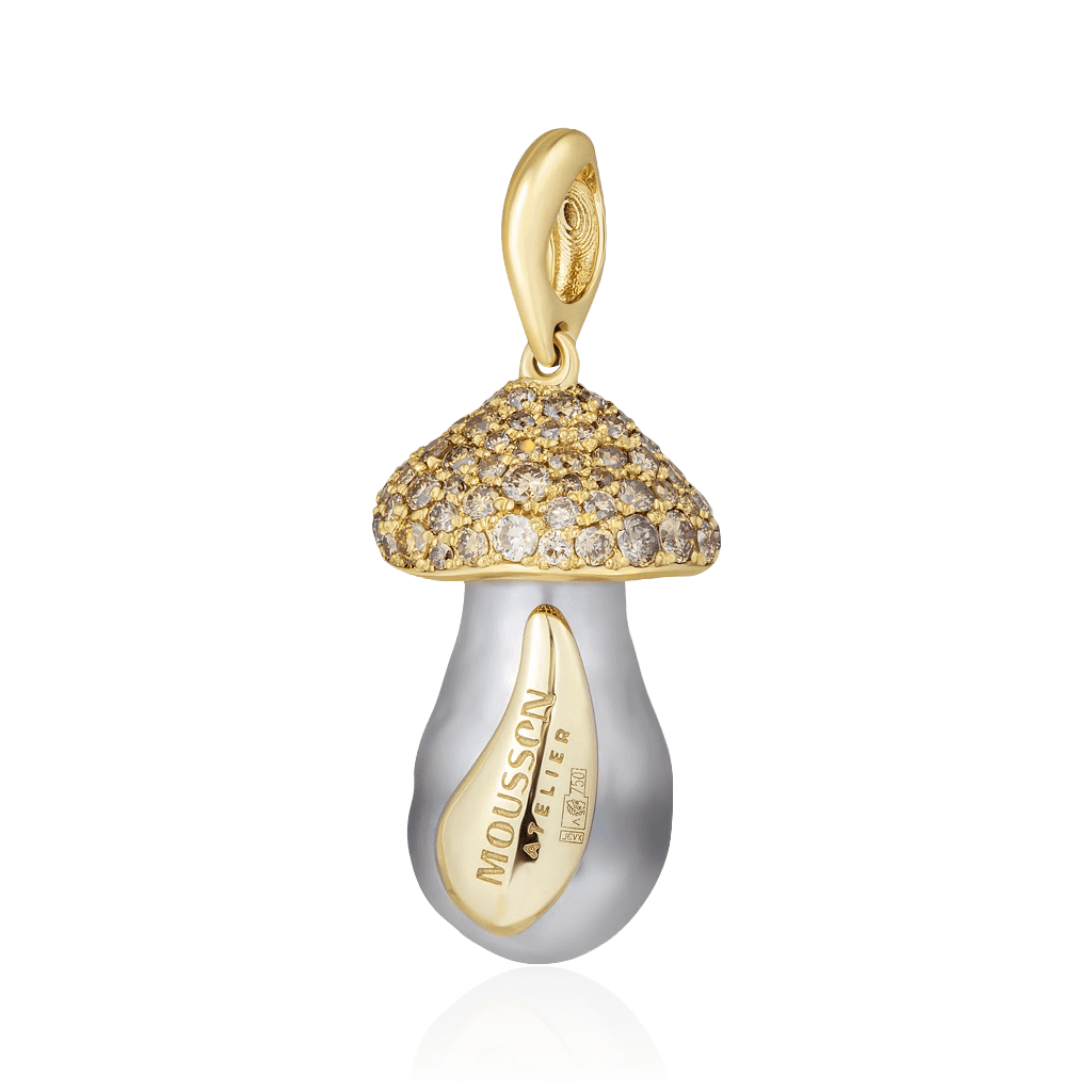 Кулон Гриб с бриллиантами, жемчугом из желтого золота 750 пробы (арт. 86435)
