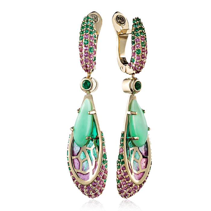 

Серьги "Libelle" с хризопразом, эмалью, тсаворитом, сапфиром из желтого золота 585 пробы