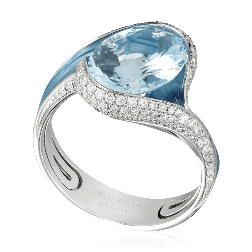 Кольцо с эмалью, бриллиантами, аквамарином из белого золота 750 пробы, фото № 1