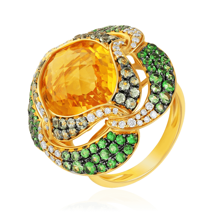 Кольцо с цитрином, тсаворитом, сапфиром, бриллиантами из желтого золота 585 пробы (арт. 50930)