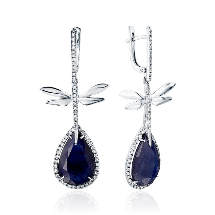 Серьги Стрекозы с сапфиром, бриллиантами из белого золота 585 пробы, фото № 1