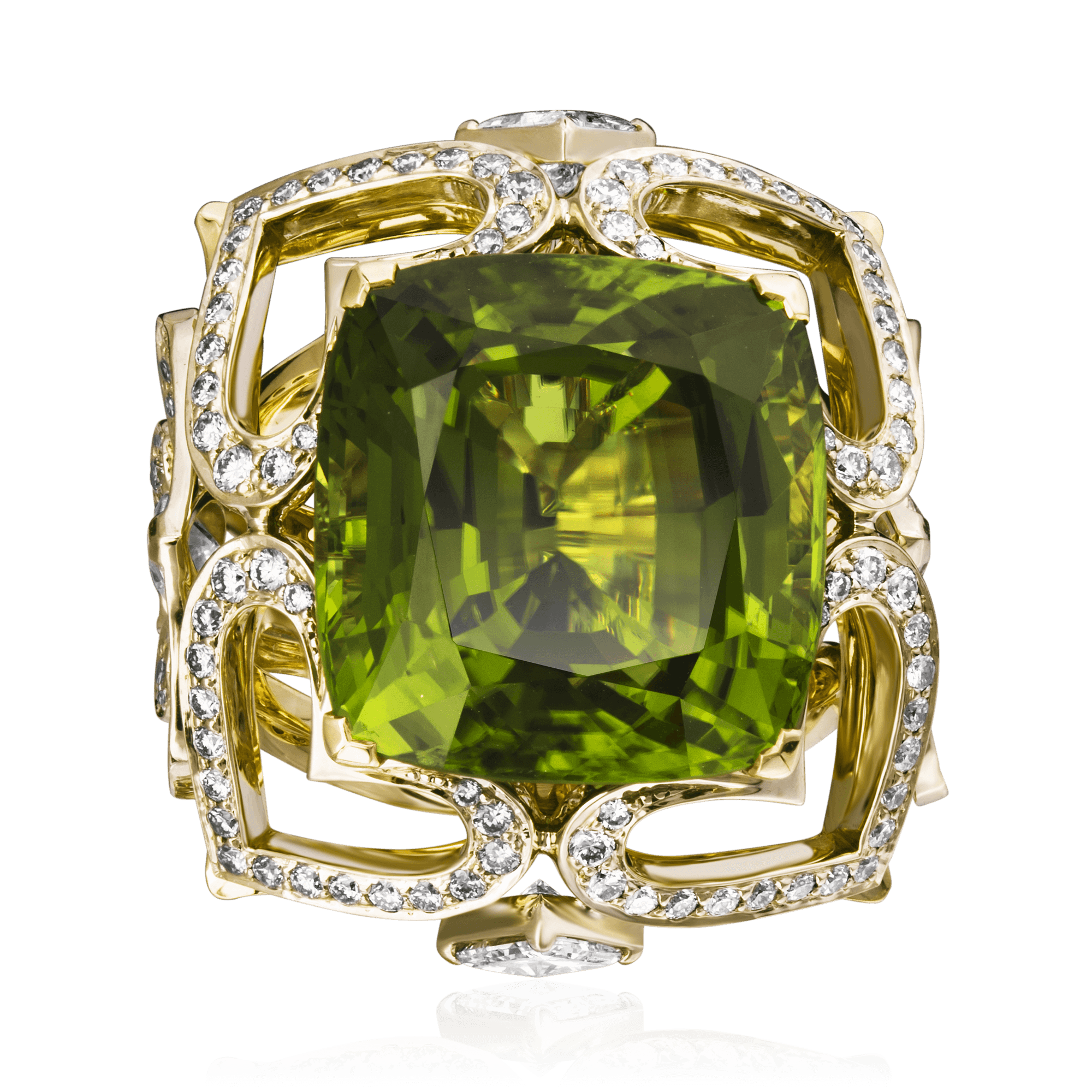 Кольцо с хризолитом, бриллиантами из комбинированного золота 750 пробы, фото № 2