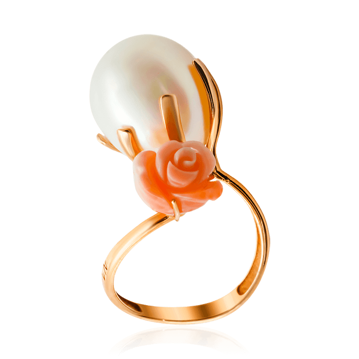 Кольцо Роза с жемчугом, кораллом из красного золота 585 пробы, фото № 1