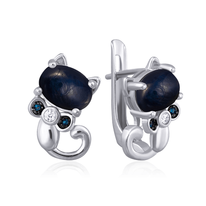 

Серьги Кошки с сапфиром, фианитами из серебра 925 пробы
