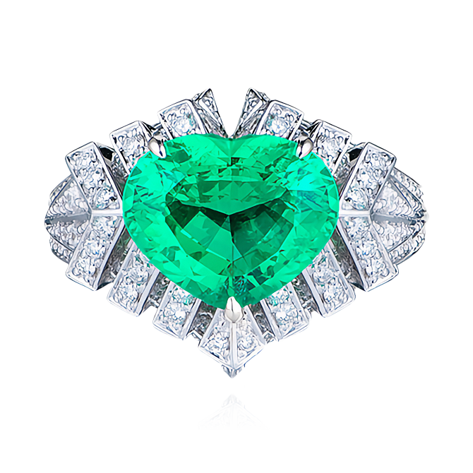 Кольцо с изумрудом огранки сердце, бриллиантами из белого золота 750 пробы, фото № 2