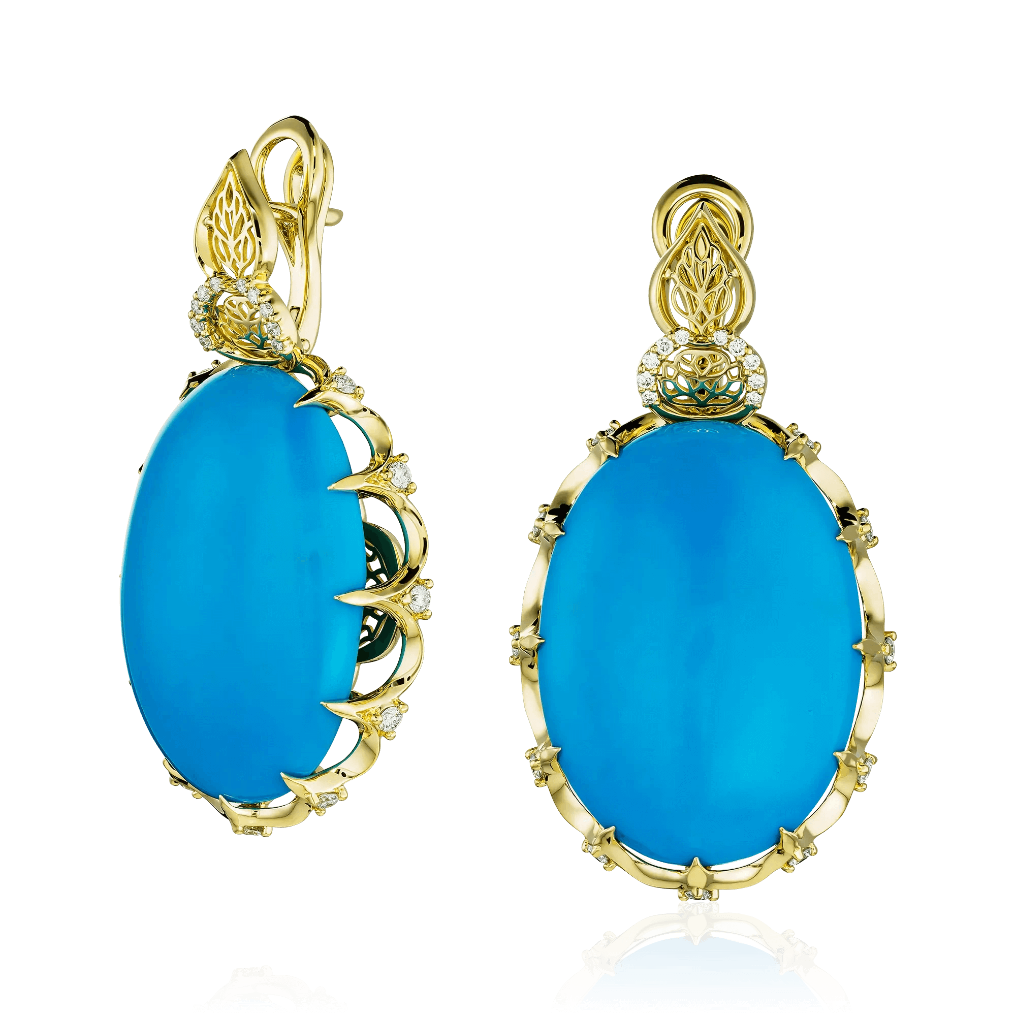 Серьги с бирюзой, бриллиантами из желтого золота 750 пробы (арт. 127342)
