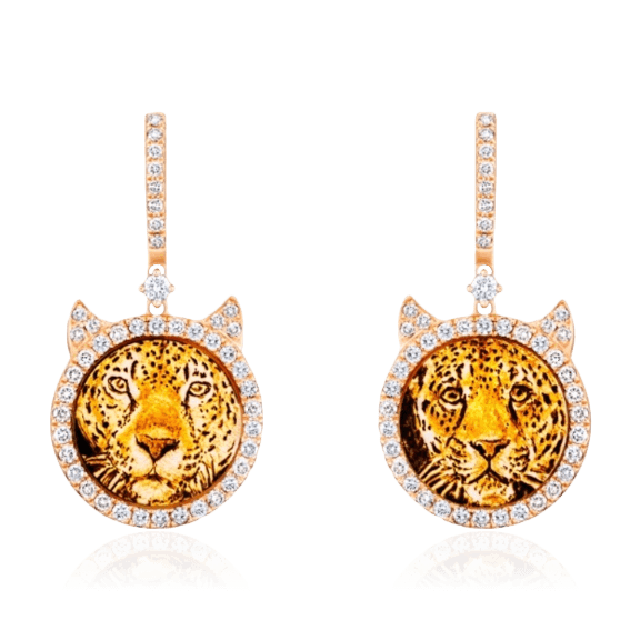 Длинные серьги Тигры с костью, бриллиантами из красного золота 750 пробы, фото № 1