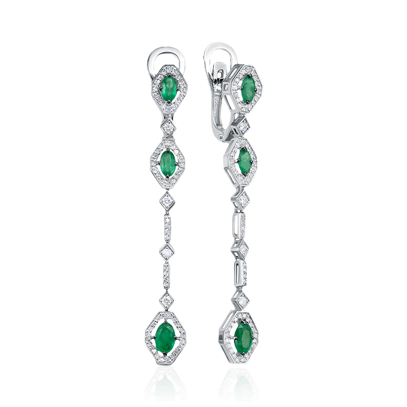 Серьги с изумрудом, бриллиантами из белого золота 585 пробы (арт. 122582)