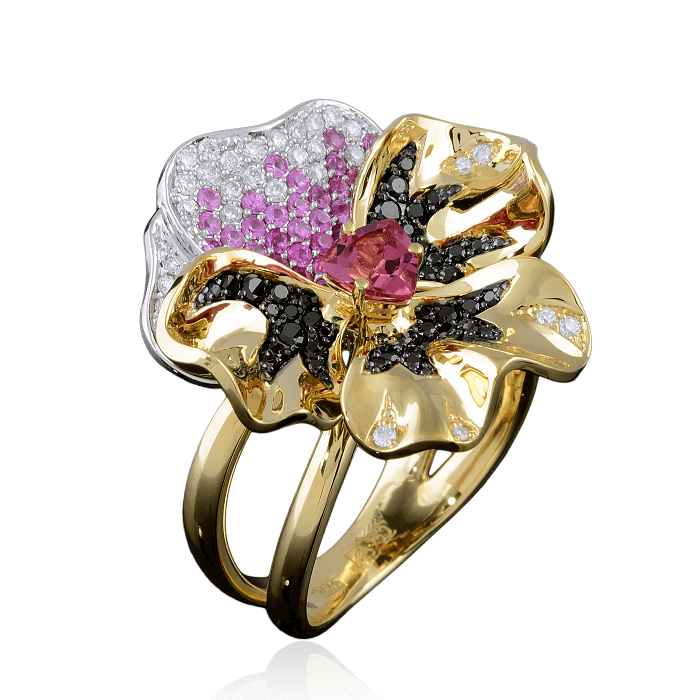 Кольцо цветок с турмалином, розовыми сапфирами, рубинами и бриллиантами из желтого золота 750 пробы, фото № 1
