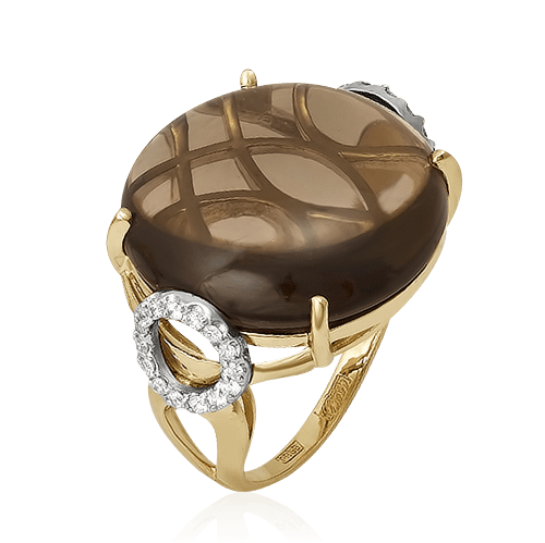 Кольцо с бриллиантами, дымчатым кварцем из желтого золота 585 пробы, фото № 1