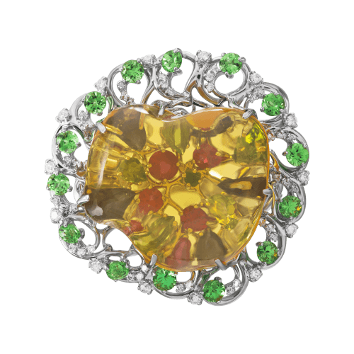 Кольцо с опалом, рубином, сапфиром, бриллиантами, тсаворитом из белого золота 750 пробы, фото № 2