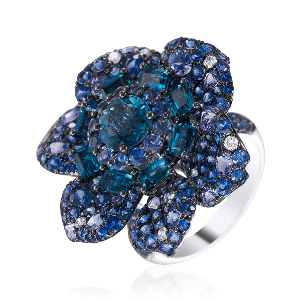 Кольцо в виде цветка с танзанитом , лондон топазами , сапфирами , бриллиантами из белого золота 585 пробы, фото № 1
