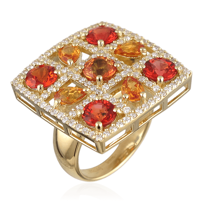 Кольцо с цветными сапфирами, бриллиантами из желтого золота 750 пробы, фото № 1