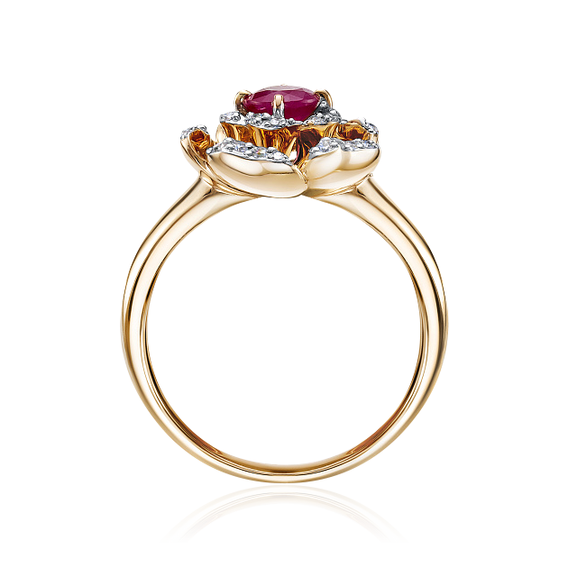 Кольцо в виде цветка с рубином, бриллиантами из красного золота 585 пробы, фото № 2