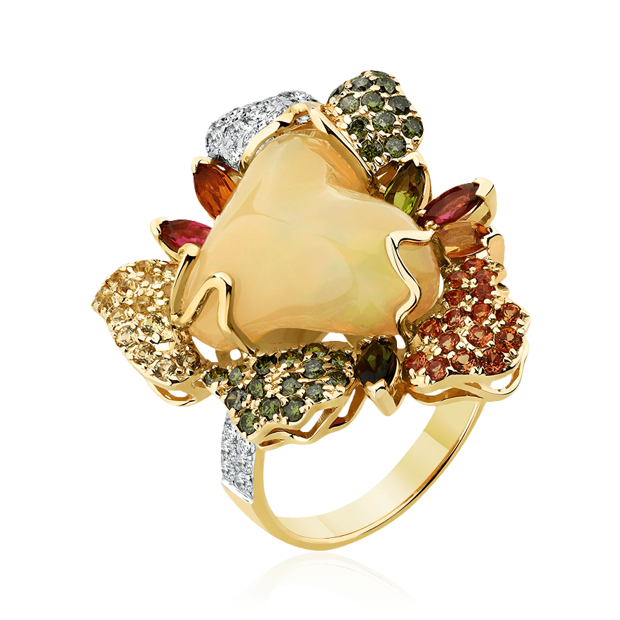 Кольцо с сапфиром, турмалином, бриллиантами, опалом из желтого золота 585 пробы, фото № 1