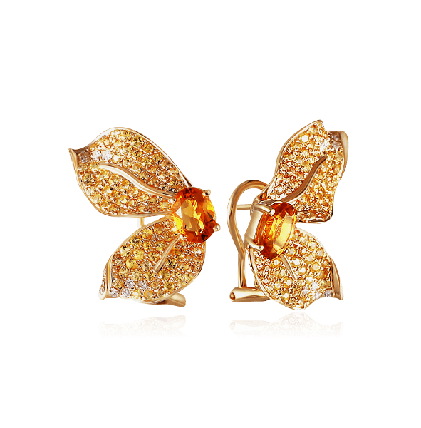 Серьги с желтыми сапфирами, бриллиантами, цитрином из желтого золота 585 пробы (арт. 43693)