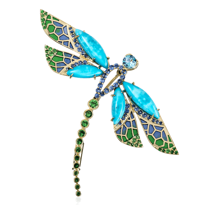 Брошь Libelle с бирюзой, сапфиром, эмалью, тсаворитом, топазом из желтого золота 585 пробы, фото № 1