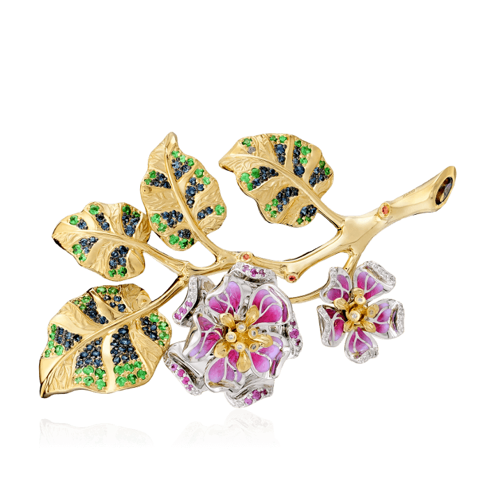 Брошь Цветущий сад с цветными сапфирами, бриллиантами, эмалью, турмалином, тсаворитом из комбинированного золота 750 пробы (арт. 38592)