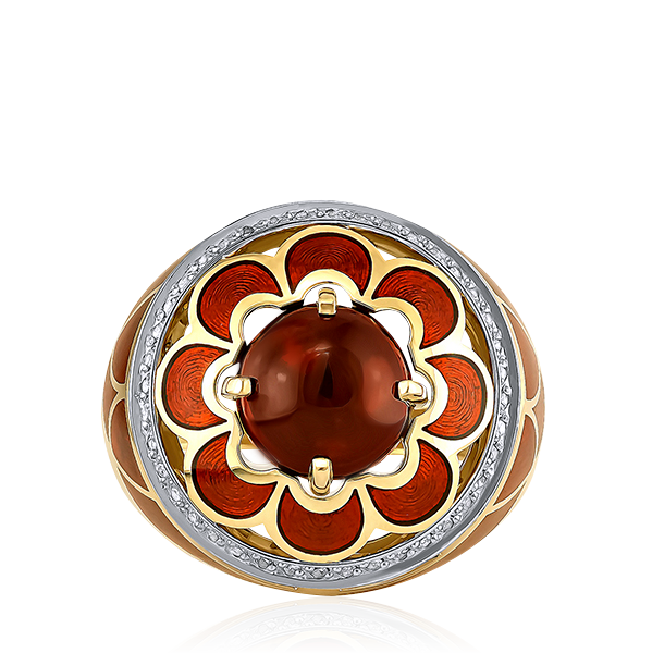 Крупное кольцо из коллекции «аристократка» с гранатом, бриллиантами, эмалью из желтого золота 750 пробы, фото № 2